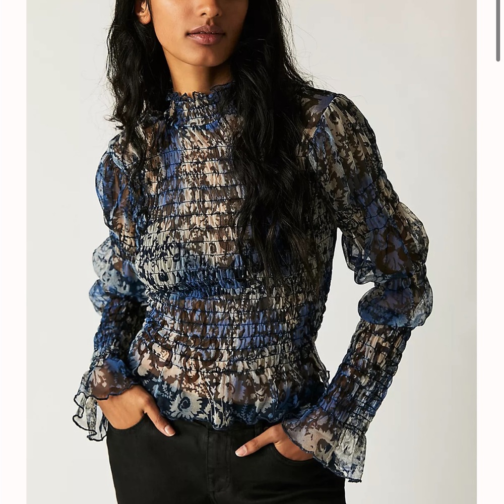 Free People Hello There Blue Mesh Top
